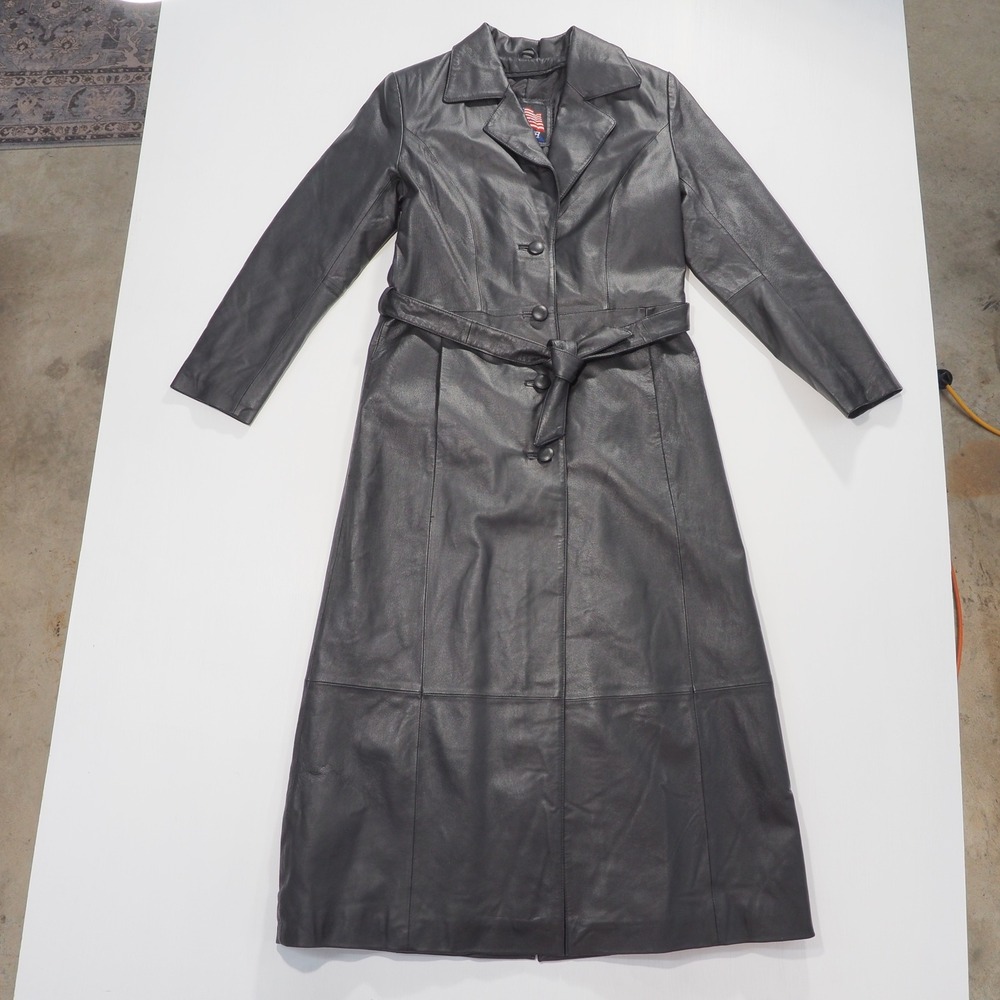 Vintage USA Leather Coat Womens Medium Black Long Trench Duster Belted Jacket